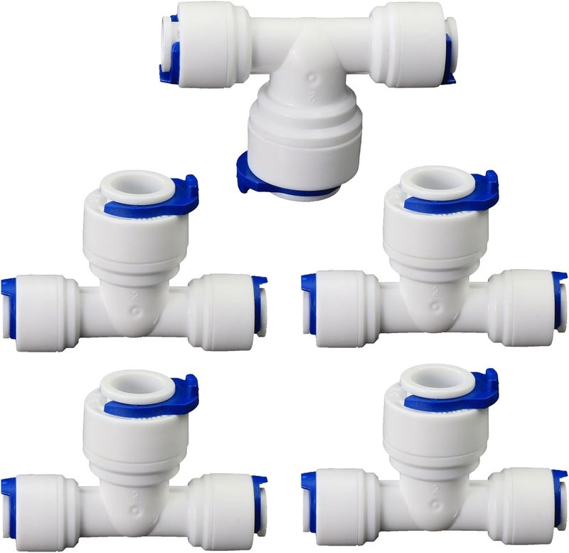 AimatRun Water purifier adapter, 1/4 * 3/8 * 1/4 "FPT pipe hard plug quick tee, T-shaped tee quick push plastic pipe joint, suitable for reverse osmosis filtration RODI water purifier system 5pcs - Image 1